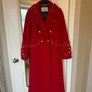 Banana Republic Long Red Winter Coat with Gold Trim